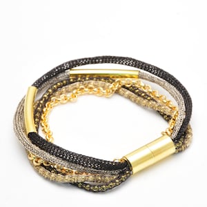 Wrapped Gold and Black Statement Bracelet, Layered Handmade Boho Bracelet with Magnetic Closure, Bohemian Textile Jewelry
