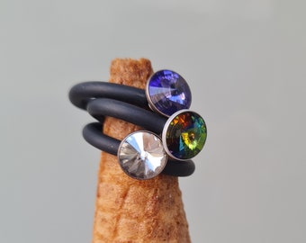Silicone Ring with Swarovski Crystal, Black Rubber Band