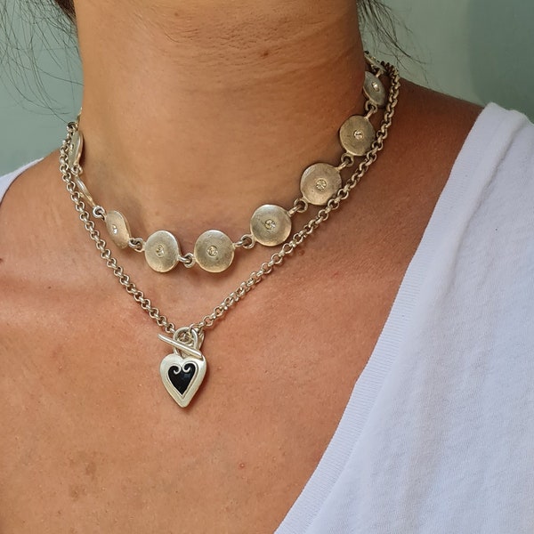Chunky Silver Necklace, Antique Silver Choker,Necklace Collar Women, Vintage Silver Chain, Toggle Necklace, Heart Statement Necklace,