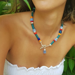 Beaded Hippie Siver Choker, Colorful Beaded Necklace with Charm, Multi-Color Beaded Choker, Chunky Colorful Necklace, Toggle Necklace