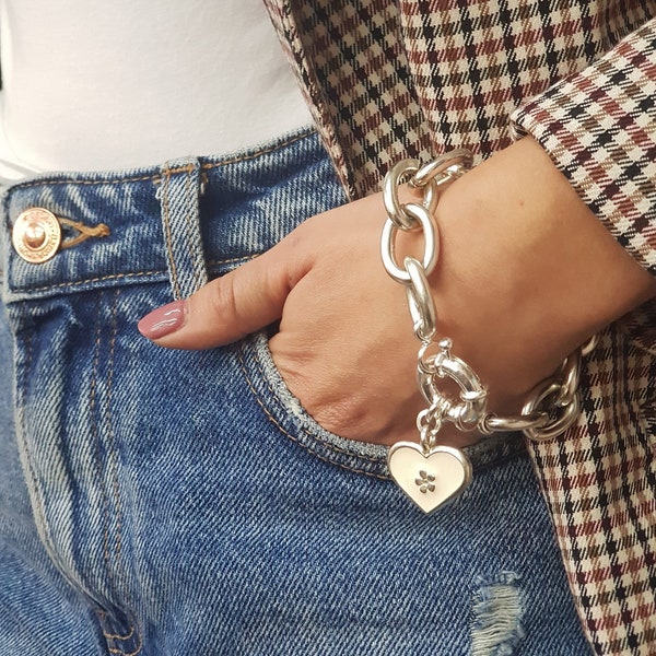 Chunky Silver Bracelet Women, Chunky Chains Bracelet, Statement Chains bracelet, Handmade Enamel Heart Charm, Everyday Bracelet