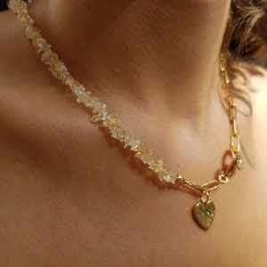 Dainty Gold Beaded Choker, Rock Crystal Beaded Necklace, Half Beade Natural Citirin Beads, Tiny Heart Pendant, Beaded Statement Necklace