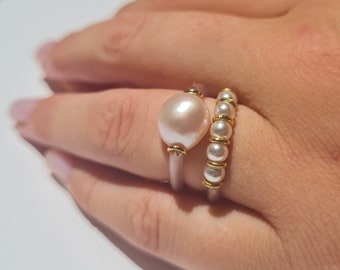 Sierlijke parelstapelring, siliconenringen voor vrouwen, geboortesteen juni, zoetwaterparelring, minimale ring, delicate parelringset
