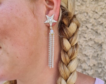 Silver White Statement Earring, Gold Stud Star Earrings, Clip On Star Earrings, Gold Sparkly Star Earrings, Trendy Dangle Star Earrings