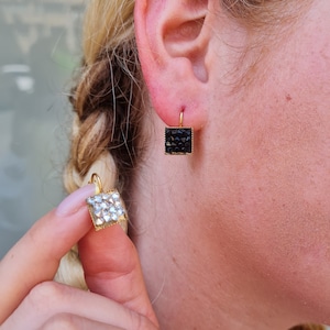 Geometric Black Square Earrings, Geometric Minimalist Crystal Earring, Dainty Leverback Earrings Vintage, Swarovski Crystal Earring
