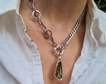 Asymmetric Silver Necklace, Toggle and Crystal Pendant Necklace, Chunky Chain Crystal Necklace, Teardrop pendant Necklace