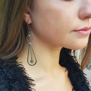 Large Black Metal Earrings, Black Dangle Teardrop Earrings, Geometric Earrings. Long Hanging Earrings, Lightweight Dangle Earrings,