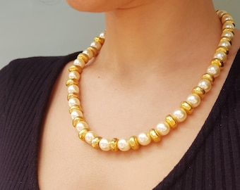 Vintage Chunky Pearl Choker, Gold-Plated Beaded Necklace