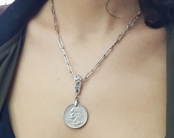 Silver Plated Coin Pendant Necklace, Medallion Jewelry