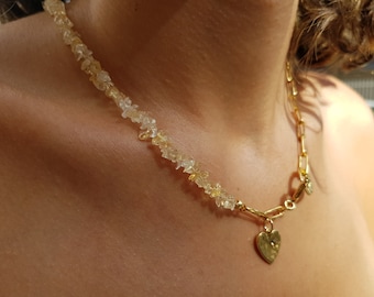 Dainty Gold Beaded Choker, Rock Crystal Beaded Necklace, Half Beade Natural Citirin Beads, Tiny Heart Pendant, Beaded Statement Necklace