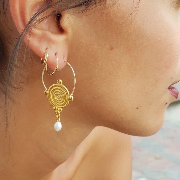 Goddess Dangle Earrings, Handmade Spiral Gold Hoop Earrings, Natural Pearl Drop Dangling Gold Earrings, Statement Gold Disc Earrings