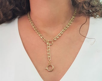 Chunky Gold Lariat Necklace, Statement Gold Link Chain Necklace, Thin Gold Ring Necklace