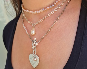 Chunky Chain Pearl Necklace Set, Silver Heart Charm Toggle Clasp