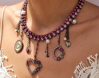 Pink Rhinestone Heart Necklace, Victorian Revival Bib Statement Necklace