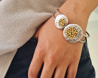 Artistic Cuff Bracelet Hammered Oxsided Silver, Gold Bead Detail