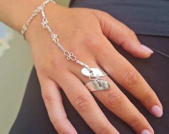 Vintage Silver Finger Chain Bracelet, Adjustable Ring