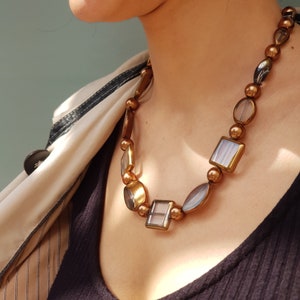 Chunky collar beads Necklace, Mid Century Modern Brown Glass Bead Necklace, Geometric Necklace, Sculptural Necklace, Vintage Necklaces,