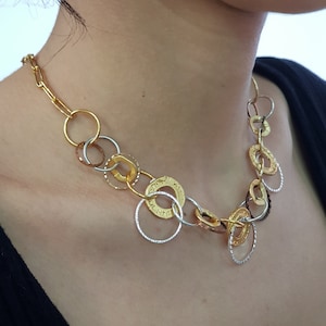 Geometric Gold and Silver Chain Necklace, Statement Necklace, Handmade, Modern Gold Silver Necklace, Bold Necklace, Contemporary Jewelry