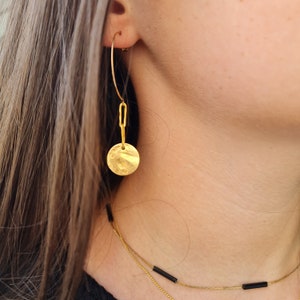 Long Chain Earrings, Minimalist Earring Hammer Gold filled hoops Earring, Gold- filled open hoop, Dangling Earrings,