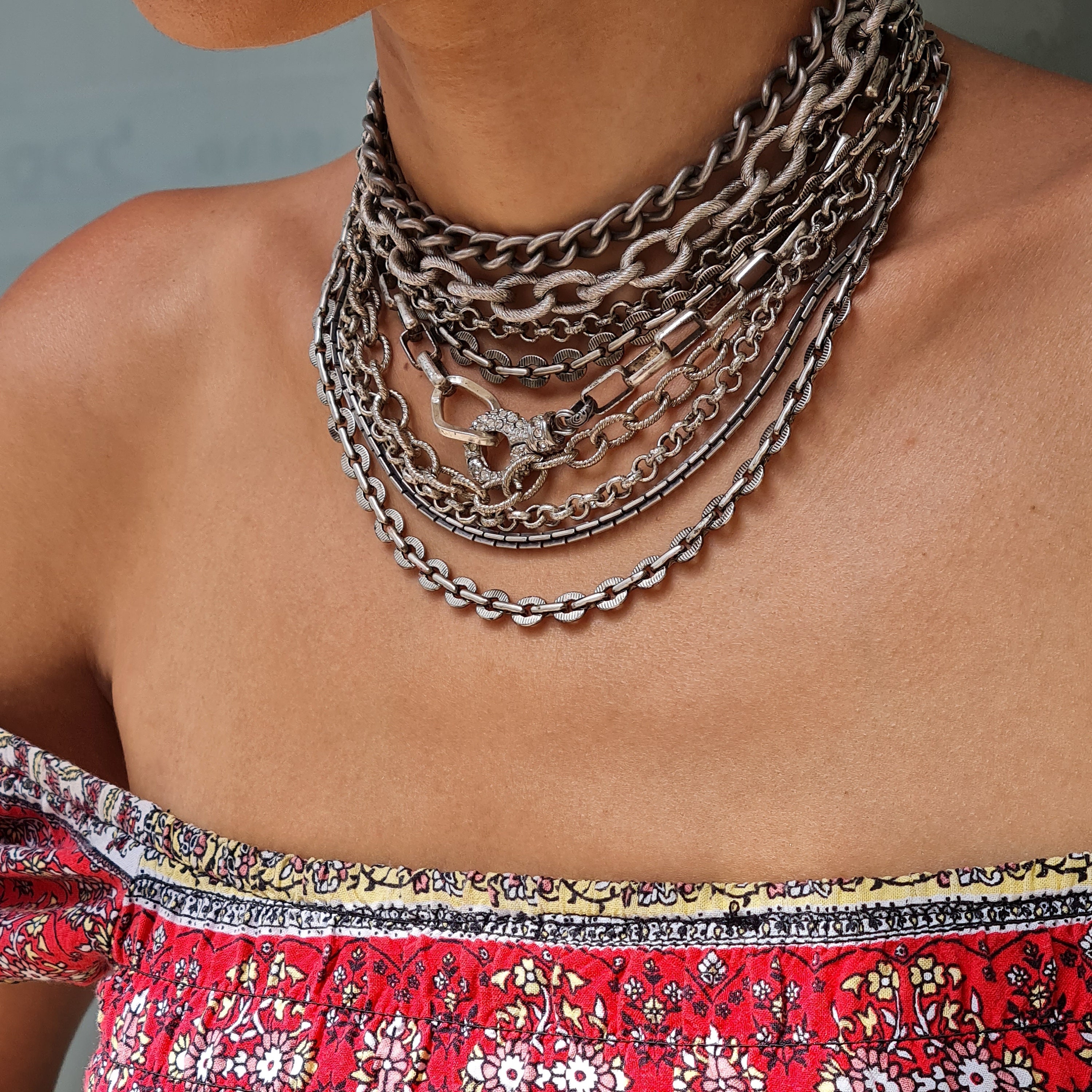 Chunky Silver Necklace, Multi Silver Layered Chains Necklace, Rock