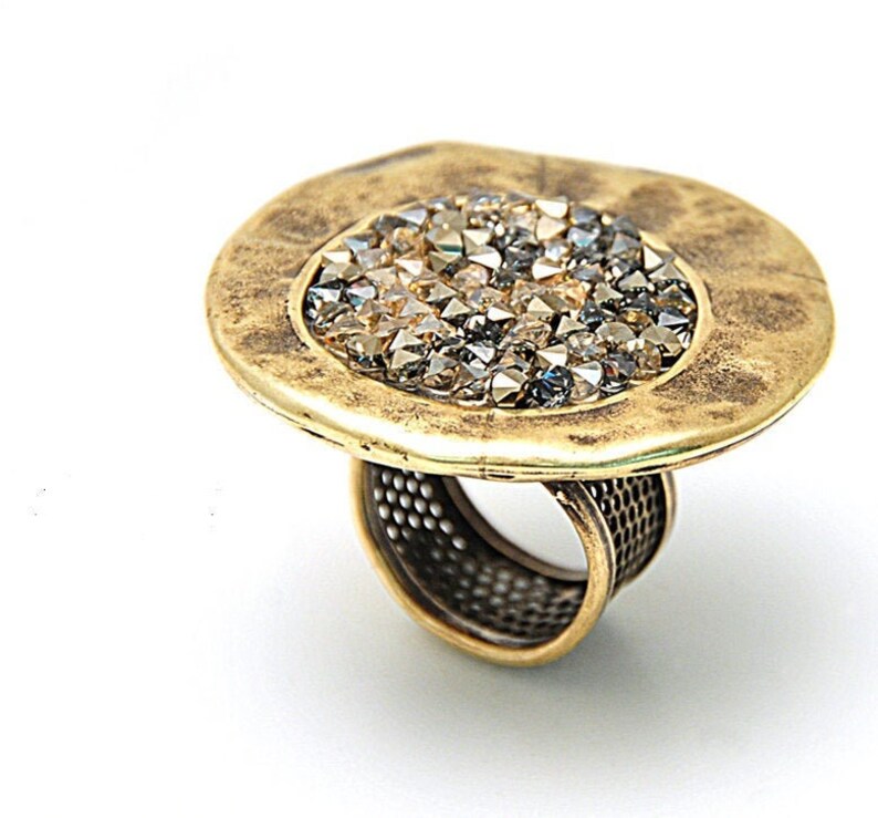 Large Silver Statement Ring Chunky Disc Ring With Swarovski Etsy