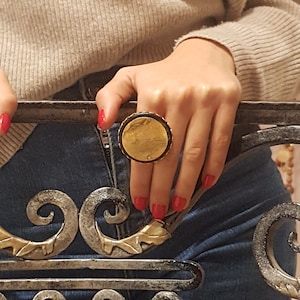 Gold Flat Round Ring, Statement Ring, Geometric Dot Silver Ring, Mid Century Modern ring, Chunky Ring For Women, Adjustable Ring