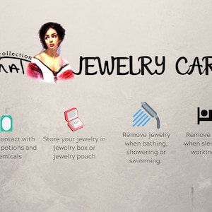 May include: A graphic with tips for jewelry care. The graphic features a woman's portrait, a bottle of lotion, a jewelry box, a shower head, and a bed with a person sleeping in it. The text reads "Avoid contact with lotions, potions and chemicals", "Store your jewelry in jewelry box or jewelry pouch", "Remove jewelry when bathing, showering or swimming", and "Remove jewelry when sleeping or working out."