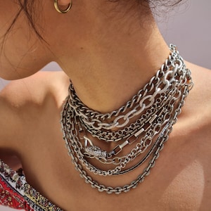 Chunky Silver Necklace, Multi Silver Layered Chains Necklace, Rock style thick necklace, womens vintage style, Necklace,Statement Necklace,
