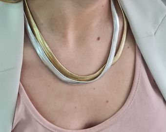 Silver Snake Chain Choker, Brett Fiskbenshalsband, Lager-på-lager Statement-smycken
