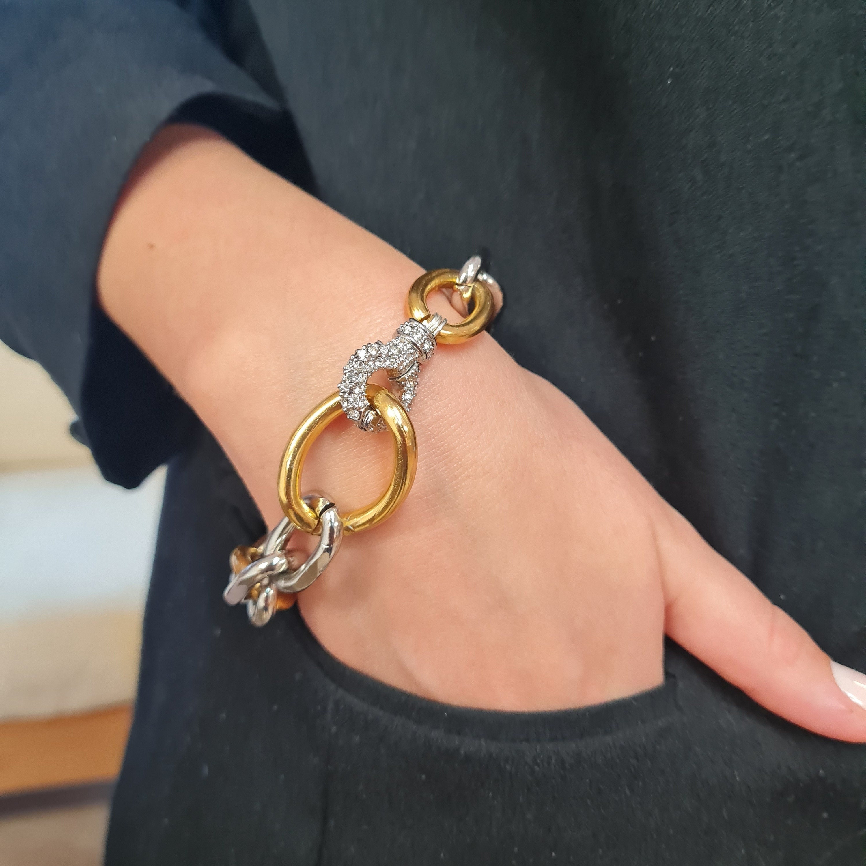 Two-tone Chunky Chain Necklace Bracelet Set, Pave Clasp, Statement