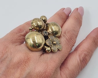 Antique Gold Floral Statement Ring, Adjustable Brass Flower Jewelry
