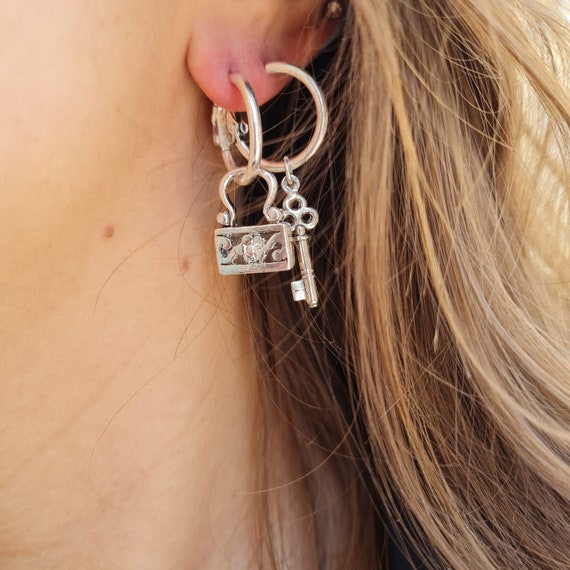 Dangling Key Earring Silver Earrings With Key Pendant Asymmetrical Hoop Earrings Silver Lock and Key Earrings Hoop Earrings With Charm Etsy Canada