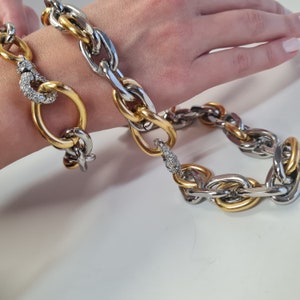 Two Tone Necklace Bracelet, Large Chunky Bracelet,Pave Clasp Link Chain Necklace, Mixed Metal Necklace Bracelet Set, Statement Necklace