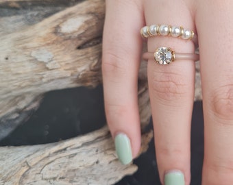 Silicone Wedding Band Set, Swarovski Crystal, Pearl Ring