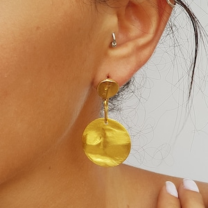 Hammered Disc Earrings, Modern Round Dangle Earrings, Minimalist 14k Gold Circle Stud Earrings, Long Handmade Geometric Earring