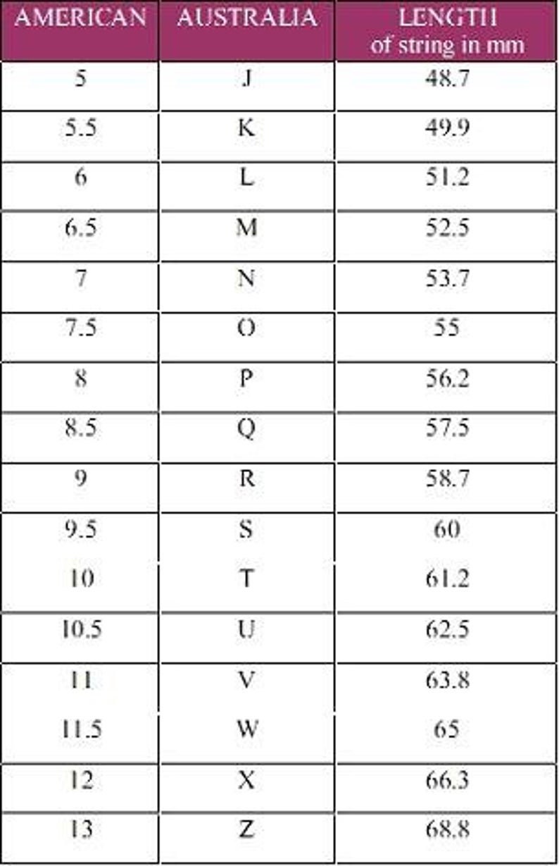 K&ouml;nnte beinhalten: Eine Ringgr&ouml;&szlig;entabelle, die amerikanische und australische Ringgr&ouml;&szlig;en vergleicht, mit den entsprechenden Schnurl&auml;ngen in mm. Die amerikanischen Gr&ouml;&szlig;en reichen von 5 bis 13, die australischen von J bis Z. N&uuml;tzlich zur Bestimmung der Ringgr&ouml;&szlig;e.