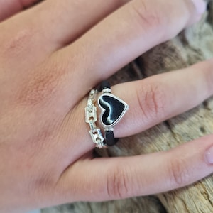 Black and Silver Ring Set for Women, Silicone Ring, Black Heart Rings For Women, Silver Chain Stacking Rings, White and Black Heart Ring