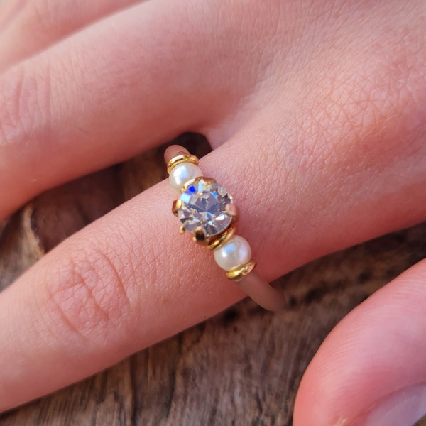 Silicone Stone & Pearl Ring, Engagement Ring, Gold Crystal Solitaire, Rubber Band rings