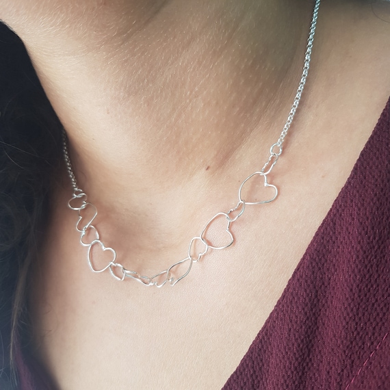 Silver Heart Link Necklace Linked Heart Chain Valentines Day