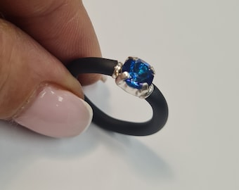 Black Silicone Ring for Women, Silver Swarovski Crystal Stone