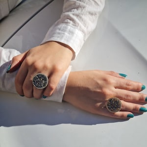 Statement Ring for her, Geometric Large Round Ring, Adjustable Ring, Druzy Gold Ring, Silver Chunky Ring, Wide Ring, Sparkly Ring