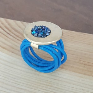 Turquoise Ring For Women, Round Silver Ring, Wide Silver Ring, Leather Ring, Chunky Ring, Modern Statement Ring, Affordable Jewelry