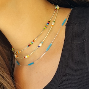 Turquoise Necklace, Colorful Beaded, Freshwater Pearl Necklace, Turquoise Thin Silver Necklace, Summer Layering Set, Dainty Colored Necklace