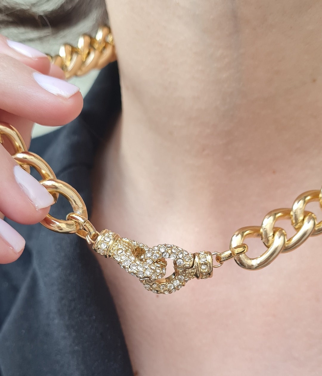 Thick Gold Chunky Chain Necklace, Gold Pave Clasp Necklace, Every Day Necklace, Large Gold Pave ...