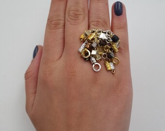 Mixed Metal Dangle Ring, Boho Statement Jewelry, Adjustable Wide Band