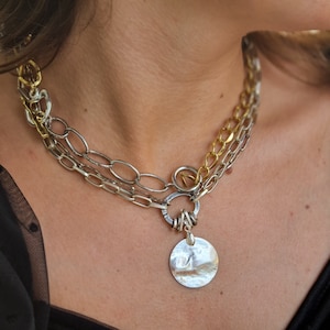 Industrial Silver Necklace, Chunky Chain Silver Necklace, Statement Necklace, Gold Choker, Layered Necklace for Woman, Mixed Metal Chains