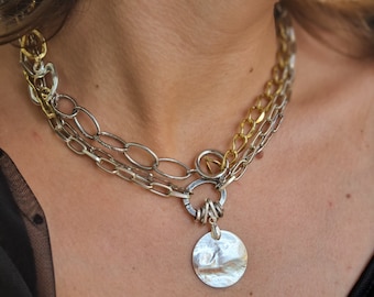 Mixed Metal Chunky Chain Necklace, Two Tone Gold Silver, Hammered Coin Pendant Choker