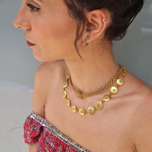 Turquoise Necklace, Hammered Disc Necklace, Gold Layering Necklace Set, Double Chain Choker, Vintage Gold Choker, Statement Necklace
