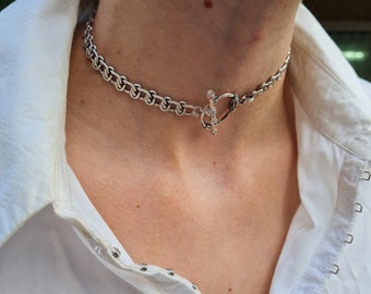 Antique Silver Toggle Choker, Vintage Gold Chunky Chain Necklace