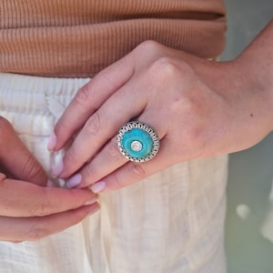 Antique Silver Turquoise Ring, Round Siver Ring Turquoise, Natural Tibetan Turquoise Ring, Clear Swarovski Ring, , Chunky Boho Everyday Ring